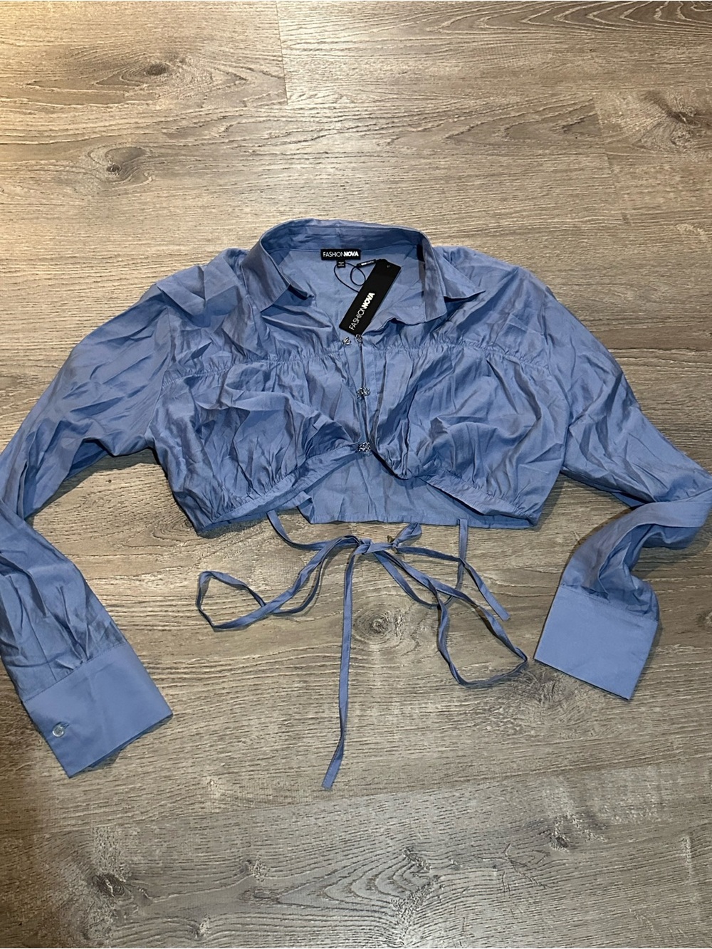 Fashion Nova Blue Long Sleeve Cropped Ruched Tie Front Shirt Size L